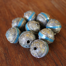 Load image into Gallery viewer, Turkoman Beads, Turquoise, Afghanistan, Turkmenistan, Silver, Brass, Turkoman,  Imperfections, Jewellery, Global Beads, Collection, Mix, Tigertail, Craftline, Leather, Necklace, Earrings, Ethnic, Tribal, Statement Jewellery, Top-Drill, Hole, Afghan, Middle Eastern, Enamel, Inlaid, Bracelet, Anklet,