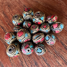 Load image into Gallery viewer, Jewellery-Making, Silver, Tibet, Nepal, Hand-Crafted, Imperfections, Jewellery, Brass, Beads, Collection, Mix, Tigertail, Craftline, Leather, Enamel, Necklace, Earrings, Ethnic, Tribal, Statement Jewellery, Top-Drill, Hole, Himalayas, Bracelet, Anklet, Bangle, Dark Red, Currency, Trading, Ovals, Mosaic, Brass, Coral, Turquoise,