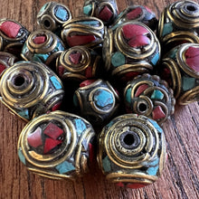 Load image into Gallery viewer, Jewellery-Making, Silver, Tibet, Nepal, Hand-Crafted, Imperfections, Jewellery, Brass, Beads, Collection, Mix, Tigertail, Craftline, Leather, Enamel, Necklace, Earrings, Ethnic, Tribal, Statement Jewellery, Top-Drill, Hole, Himalayas, Bracelet, Anklet, Bangle, Dark Red, Currency, Trading, Ovals, Mosaic, Brass, Coral, Turquoise,