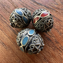 Load image into Gallery viewer, Turkoman Beads, Afghanistan, Turkmenistan, Egg, Brass, Turkoman,  Imperfections, Jewellery, Global Beads, Collection, Mix, Tigertail, Craftline, Leather, Necklace, Earrings, Ethnic, Tribal, Statement Jewellery, Top-Drill, Hole, Afghan, Middle Eastern, Enamel, Inlaid, Bracelet, Anklet, Filigree, Wire, Wrapping, Jasper,