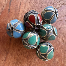 Load image into Gallery viewer, Turkoman Beads, Afghanistan, Turkmenistan, Brass, Turkoman,  Imperfections, Jewellery, Global Beads, Collection, Mix, Tigertail, Craftline, Leather, Necklace, Earrings, Ethnic, Tribal, Statement Jewellery, Top-Drill, Hole, Afghan, Middle Eastern, Enamel, Inlaid, Bracelet, Anklet, Filigree, Wire, Wrapping, Lapis Lazuli, Rustic, Old,