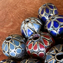 Load image into Gallery viewer, Afghanistan, Turkmenistan, Brass, Turkoman,  Imperfections, Jewellery, Global Beads, Collection, Mix, Tigertail, Craftline, Leather, Necklace, Earrings, Ethnic, Tribal, Statement Jewellery, Top-Drill, Hole, Afghan, Middle Eastern, Enamel, Inlaid, Bracelet, Anklet, Filigree, Wire, Wrapping, Lapis, Rustic