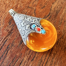 Load image into Gallery viewer, Pendant, Jewellery, Silver, Sterling Silver, Tibet, Rare, Collectible, Ethnic-Style, End-Capping, Imperfections, Necklace, Ethnic, Tribal, Hole, Himalayas, Turquoise, Copal, Tree-Resin, Amber, Age-Worn,