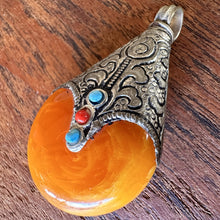 Load image into Gallery viewer, Pendant, Jewellery, Silver, Sterling Silver, Tibet, Rare, Collectible, Ethnic-Style, End-Capping, Imperfections, Necklace, Ethnic, Tribal, Hole, Himalayas, Turquoise, Copal, Tree-Resin, Amber, Age-Worn,