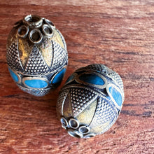 Load image into Gallery viewer, :  Kazakh Beads, Kazakh, Afghanistan, Kazakhstan, Turquoise, Ural Mountains, False Granulation, Silver, Brass, Turkoman,  Imperfections, Jewellery, Global Beads, Collection, Mix, Kuchi, Tigertail, Craftline, Leather, Necklace, Earrings, Ethnic, Tribal, Statement Jewellery, Top-Drill, Hole, Afghan, Eggs, Barrels, Middle Eastern, Enamel, Inlaid,
