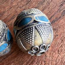 Load image into Gallery viewer, :  Kazakh Beads, Kazakh, Afghanistan, Kazakhstan, Turquoise, Ural Mountains, False Granulation, Silver, Brass, Turkoman,  Imperfections, Jewellery, Global Beads, Collection, Mix, Kuchi, Tigertail, Craftline, Leather, Necklace, Earrings, Ethnic, Tribal, Statement Jewellery, Top-Drill, Hole, Afghan, Eggs, Barrels, Middle Eastern, Enamel, Inlaid,