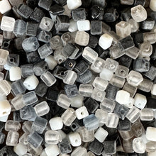 Load image into Gallery viewer, Cube, Glass, White, Sea Salt, Snow, Ivory, Grey, Clear, Virgin, Frosted, Naked, Black, Whitby Jet, Jet Black, Black Knight, Charcoal, India, Indian, Varanasi, Jewellery, Bracelet, Necklace, Earrings, Opaque, Glazed, Transparent, 5mm, Collection, Mix,