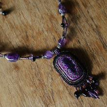 Load image into Gallery viewer, Dichroic Glass Pendant, Necklace, Delica Beads, Amethyst Stones, Vintage, Purple, Magenta, Lilac, Violet, Dangles, Semi-Precious, Rose Dakin, Unique, Hand-Crafted, Multi-Strand, Afghanistan, Papua New Guinea, Nepal, Africa, Europe, India, Jewellery, Wearable Art, Margaret River, Canadian Indian Heritage, Broome, Ocean Jasper, Lapis Lazuli, Malachite, Turquoise, Coral, Pearl Shell, Bone, Wood, Metal, Ethnic, Tribal, Statement, Western Australia,