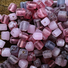 Load image into Gallery viewer, Cube, Purple, Blackberry, Violet, Fuchsia, Ruby, Magenta, Indigo, Mauve, Lilac, Pink, Blossom, Cerise, Rose, Magenta, Glass, Pony, India, Indian, Varanasi, Jewellery, Bracelet, Necklace, Earrings, 9mm, Frosted, Opaque, Glazed, Transparent,