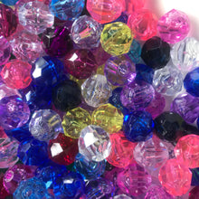 Load image into Gallery viewer, Plastic, Beads, Multicoloured, Mixed, Assorted, Collection, Taiwan, Asian, Transparent, Yellow, Pink, Crystal, Purple, Blue, Green, Orange, Rosaries, Suncatchers, Bead Curtains, Jewellery, Key Rings, Necklaces, Bracelets, Art Projects, Counting, Teaching,