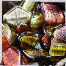 Load image into Gallery viewer, Autumn Blaze, Chunky Beads, Glass, 2 Kilo, Two Kilogram, Colourful, Indian Silver Foil Beads, Silver Foil, Collections, Diamonds, Cubes, Hearts, Drops, Round, Tabular, Oval, Bicones, Cylinders, Slabs, Round, Gourds, Twists, Jewellery, Red, Orange, Pale Brown, Topaz, Yellow, Mustard, Suncatchers, Indian, Beads, Statement, Gold, Speckled,