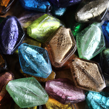 Load image into Gallery viewer, India, Silver Foil, Beads, Statement, Necklace, Collection, Gold Leaf, Sapphire, Copper, Pale Amethyst, Clear, Forest Green, Pale Topaz, Gold Leaf, Ice Green, Lilac, Capri Blue, Jewellery-Making, Chunky, Jewellery, Glass, Large Hole, Centre-Drill, Flat Diamonds, Mix, Tigertail, Leather, Fishing Line, Blackberry,