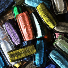 Load image into Gallery viewer, India, Silver Foil, Flat Cylinder Tubes, Indian, India, Indonesia, Worldwide, Asia, Beads, Statement, Necklace, Collection, Gold Leaf, Copper, Pale Amethyst, Clear, Forest Green, Pale Topaz, Gold Leaf, Ice Green, Lilac, Jewellery-Making, Chunky, Jewellery, Glass, Large Hole, Centre-Drill, Mix, Tigertail, Leather, Fishing Line,