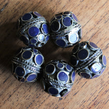 Load image into Gallery viewer, Dark Lapis Lazuli, Afghanistan, Turkmenistan, Brass, Turkoman,  Imperfections, Jewellery, Global Beads, Collection, Mix, Tigertail, Craftline, Leather, Necklace, Earrings, Ethnic, Tribal, Statement Jewellery, Top-Drill, Hole, Afghan, Middle Eastern, Enamel, Inlaid, Bracelet, Anklet, Filigree, Wire, Wrapping, Rustic