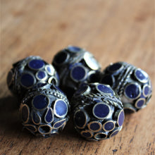 Load image into Gallery viewer, Dark Lapis Lazuli, Afghanistan, Turkmenistan, Brass, Turkoman,  Imperfections, Jewellery, Global Beads, Collection, Mix, Tigertail, Craftline, Leather, Necklace, Earrings, Ethnic, Tribal, Statement Jewellery, Top-Drill, Hole, Afghan, Middle Eastern, Enamel, Inlaid, Bracelet, Anklet, Filigree, Wire, Wrapping, Rustic