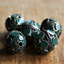 Load image into Gallery viewer, Malachite, Afghanistan, Turkmenistan, Brass, Turkoman,  Imperfections, Jewellery, Global Beads, Collection, Mix, Tigertail, Craftline, Leather, Necklace, Earrings, Ethnic, Tribal, Statement Jewellery, Top-Drill, Hole, Afghan, Middle Eastern, Enamel, Inlaid, Bracelet, Anklet, Wire, Wrapping, Rustic, Gemstones,