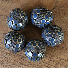 Load image into Gallery viewer, Afghanistan, Turkmenistan, Brass, Turkoman,  Imperfections, Jewellery, Global Beads, Collection, Mix, Tigertail, Craftline, Leather, Necklace, Earrings, Ethnic, Tribal, Statement Jewellery, Top-Drill, Hole, Afghan, Middle Eastern, Enamel, Inlaid, Bracelet, Anklet, Filigree, Wire, Wrapping, Dark Lapis, Rustic