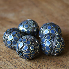 Load image into Gallery viewer, Afghanistan, Turkmenistan, Brass, Turkoman,  Imperfections, Jewellery, Global Beads, Collection, Mix, Tigertail, Craftline, Leather, Necklace, Earrings, Ethnic, Tribal, Statement Jewellery, Top-Drill, Hole, Afghan, Middle Eastern, Enamel, Inlaid, Bracelet, Anklet, Filigree, Wire, Wrapping, Dark Lapis, Rustic