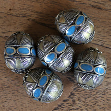 Load image into Gallery viewer, Kazakh, Afghanistan, Kazakhstan, Turquoise, Ural Mountains, False Granulation, Silver, Brass, Turkoman,  Imperfections, Jewellery, Global Beads, Collection, Mix, Kuchi, Tigertail, Craftline, Leather, Necklace, Earrings, Ethnic, Tribal, Statement Jewellery, Top-Drill, Hole, Afghan, Eggs, Barrels, Middle Eastern, Enamel, Inlaid,