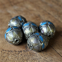 Load image into Gallery viewer, Kazakh, Afghanistan, Kazakhstan, Turquoise, Ural Mountains, False Granulation, Silver, Brass, Turkoman,  Imperfections, Jewellery, Global Beads, Collection, Mix, Kuchi, Tigertail, Craftline, Leather, Necklace, Earrings, Ethnic, Tribal, Statement Jewellery, Top-Drill, Hole, Afghan, Eggs, Barrels, Middle Eastern, Enamel, Inlaid,