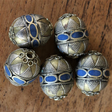 Load image into Gallery viewer, Kazakh, Afghanistan, Kazakhstan, Lapis Lazuli, Ural Mountains, False Granulation, Silver, Brass, Turkoman,  Imperfections, Jewellery, Global Beads, Collection, Mix, Kuchi, Tigertail, Craftline, Leather, Necklace, Earrings, Ethnic, Tribal, Statement Jewellery, Top-Drill, Hole, Afghan, Eggs, Barrels, Middle Eastern, Enamel, Inlaid,