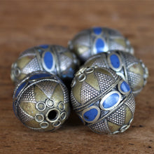 Load image into Gallery viewer, Kazakh, Afghanistan, Kazakhstan, Lapis Lazuli, Ural Mountains, False Granulation, Silver, Brass, Turkoman,  Imperfections, Jewellery, Global Beads, Collection, Mix, Kuchi, Tigertail, Craftline, Leather, Necklace, Earrings, Ethnic, Tribal, Statement Jewellery, Top-Drill, Hole, Afghan, Eggs, Barrels, Middle Eastern, Enamel, Inlaid,