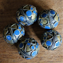 Load image into Gallery viewer, Afghanistan, Turkmenistan, Brass, Turkoman,  Imperfections, Jewellery, Global Beads, Collection, Mix, Tigertail, Craftline, Leather, Necklace, Earrings, Ethnic, Tribal, Statement Jewellery, Top-Drill, Hole, Afghan, Middle Eastern, Enamel, Inlaid, Bracelet, Anklet, Filigree, Wire, Wrapping, Lapis, Rustic, Old