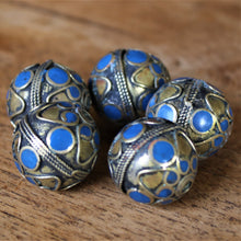 Load image into Gallery viewer, Afghanistan, Turkmenistan, Brass, Turkoman,  Imperfections, Jewellery, Global Beads, Collection, Mix, Tigertail, Craftline, Leather, Necklace, Earrings, Ethnic, Tribal, Statement Jewellery, Top-Drill, Hole, Afghan, Middle Eastern, Enamel, Inlaid, Bracelet, Anklet, Filigree, Wire, Wrapping, Lapis, Rustic, Old