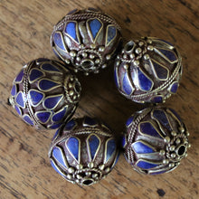 Load image into Gallery viewer, Afghanistan, Turkmenistan, Brass, Turkoman,  Imperfections, Jewellery, Global Beads, Collection, Mix, Tigertail, Craftline, Leather, Necklace, Earrings, Ethnic, Tribal, Statement Jewellery, Top-Drill, Hole, Afghan, Middle Eastern, Enamel, Inlaid, Bracelet, Anklet, Filigree, Wire, Wrapping, Lapis Lazuli, Rustic, Old