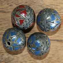 Load image into Gallery viewer, Coral, Lapis Lazuli, Afghanistan, Turkmenistan, Silver, Brass, Turkoman,  Imperfections, Jewellery, Global Beads, Collection, Mix, Tigertail, Craftline, Leather, Necklace, Earrings, Ethnic, Tribal, Statement Jewellery, Top-Drill, Hole, Afghan, Middle Eastern, Enamel, Inlaid, Bracelet, Anklet, Filigree, Wire, Wrapping,