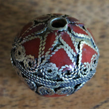 Load image into Gallery viewer, Coral, Lapis Lazuli, Afghanistan, Turkmenistan, Silver, Brass, Turkoman,  Imperfections, Jewellery, Global Beads, Collection, Mix, Tigertail, Craftline, Leather, Necklace, Earrings, Ethnic, Tribal, Statement Jewellery, Top-Drill, Hole, Afghan, Middle Eastern, Enamel, Inlaid, Bracelet, Anklet, Filigree, Wire, Wrapping,