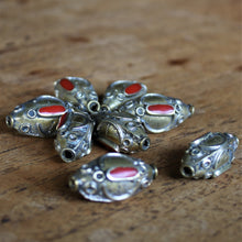 Load image into Gallery viewer, Kazakh, Afghanistan, Kazakhstan, Coral, Ural Mountains, False Granulation, Brass, Turkoman,  Imperfections, Jewellery, Global Beads, Collection, Mix, Tigertail, Craftline, Leather, Necklace, Earrings, Ethnic, Tribal, Statement Jewellery, Top-Drill, Hole, Afghan, Middle Eastern, Enamel, Inlaid, Red, Gemstone,