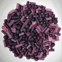 Load image into Gallery viewer, Tubes, Rounds, Mix, Matt, Jewellery, Making, Supplies, Jewellery, Indian, Hearts, Beads, Frosted, Cubes, Coloured, Collection, Art, Projects, 6-14mm, Suncatchers, Bead Curtains, Purple, Blackberry, Violet, Fuchsia, Ruby, Magenta, Indigo, Mauve, Lilac, Necklaces, Bracelets, Earrings,
