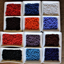 Load image into Gallery viewer, Coral, Black, Chocolate, Red, Mid-Blue, Orange, Royal Blue, Brown, Amethyst, White, Turquoise, French Blue, Seed, Bead, Mixed, Mix, Collection, Czech, Glazed, Pearl, Seeds, Rocailles, Seed Beads, Opaque, Iridescent, Metallic, Iris, Silver Lined, Translucent, Matt, Lustre, Satin, Tigertail, Leather, Craftline, Cotton Bead Thread, Fishing Line, Mixed, Czechoslovakia, Japan, India, China, Taiwan, Jewellery-Making, Europe, Little Stones, Glass, Embroidery, Bracelet, Necklace, Earrings, Clothing, Bread, Butter,