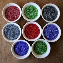 Load image into Gallery viewer, Grey, Ice Blue, Red, Mid Blue, Dark Red, Grass Green, Lime Green, Silver Blue Seed, Bead, Mixed, Mix, Collection, Czech, Glazed, Pearl, Seeds, Rocailles, Seed Beads, Opaque, Iridescent, Metallic, Iris, Silver Lined, Translucent, Matt, Lustre, Satin, Tigertail, Leather, Craftline, Cotton Bead Thread, Fishing Line, Japan, India, China, Taiwan, Jewellery-Making, Europe, Little Stones, Glass, Embroidery, Bracelet, Necklace, Earrings, Clothing, Jewellery, Bread, Butter, Fabric,
