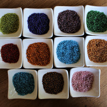 Load image into Gallery viewer, Gold Leaf, Pale Aqua, Merlot, Orange, Bronze, Dark Aqua, Emerald, Pale Pink, Dark Royal, Lime Green, Red, Seed, Bead, Mixed, Mix, Collection, Czech, Glazed, Pearl, Seeds, Rocailles, Seed Beads, Opaque, Iridescent, Metallic, Iris, Silver Lined, Translucent, Matt, Lustre, Satin, Tigertail, Leather, Craftline, Cotton Bead Thread, Fishing Line, Japan, India, China, Taiwan, Jewellery-Making, Europe, Little Stones, Glass, Embroidery, Bracelet, Necklace, Earrings, Clothing, Jewellery, Bread, Butter, Fabric,