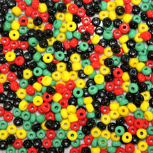 Load image into Gallery viewer, Black, Green, Yellow, Red, Reggae, Seed, Bead, Mixed, Magic, Mix, Collection, Czech, Glazed, Pearl, Seeds, Rocailles, Seed Beads, Opaque, Iridescent, Metallic, Iris, Silver Lined, Translucent, Matt, Lustre, Satin, Tigertail, Leather, Craftline, Cotton Bead Thread, Fishing Line, Czechoslovakia, Japan, India, China, Taiwan, Jewellery-Making, Europe, Little Stones, Glass, Embroidery, Bracelet, Necklace, Earrings, Clothing, Jewellery, Bread, Butter, Fabric,