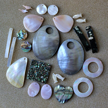 Load image into Gallery viewer, Pendant, Shield, Pau, Abalone, Mother of Pearl, Pink, White, Black, Pearl Shell, Shell, Eyebrows, Collection, Curtains, Suncatchers, Hearts, Drops, Dog Tags, Name Tags, Donuts, Yokes, Shards, Machetes, Fish, Birds, Jewellery, West Australia, Necklaces, Bracelets, Earrings, One-Of-A-Kind, Mix, Scissors, Pau Sparkle Tile, Pink Mother of Pearl,