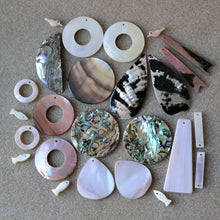 Load image into Gallery viewer, Pendant, Four Eyes, Pau, Abalone, Mother of Pearl, Pink, White, Black, Pearl Shell, Shell, Eyebrows, Collection, Curtains, Suncatchers, Hearts, Drops, Dog Tags, Name Tags, Donuts, Yokes, Shards, Machetes, Fish, Birds, Jewellery, West Australia, Necklaces, Bracelets, Earrings, One-Of-A-Kind, Mix, Scissors, Sparkle Mother of Pearl,