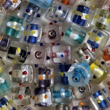 Load image into Gallery viewer, Glass, Cube, India, Indian, Varanasi, Silver Foil, Jewellery, Bracelet, Necklace, Earrings, Bead Curtain, Suncatcher, 10mm, Pink, Navy, Yellow, Red, Purple, Teal, Orange, Black, Green, Clear,