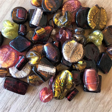 Load image into Gallery viewer, Autumn Blaze, Chunky Beads, Glass, 2 Kilo, Two Kilogram, Colourful, Indian Silver Foil Beads, Silver Foil, Collections, Diamonds, Cubes, Hearts, Drops, Round, Tabular, Oval, Bicones, Cylinders, Slabs, Round, Gourds, Twists, Jewellery, Red, Orange, Pale Brown, Topaz, Yellow, Mustard, Suncatchers, Indian, Beads, Statement, Gold, Speckled,