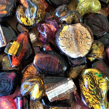 Load image into Gallery viewer, Autumn Blaze, Chunky Beads, Glass, 2 Kilo, Two Kilogram, Colourful, Indian Silver Foil Beads, Silver Foil, Collections, Diamonds, Cubes, Hearts, Drops, Round, Tabular, Oval, Bicones, Cylinders, Slabs, Round, Gourds, Twists, Jewellery, Red, Orange, Pale Brown, Topaz, Yellow, Mustard, Suncatchers, Indian, Beads, Statement, Gold, Speckled,