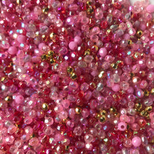 Load image into Gallery viewer, Plastic, Beads, Multicoloured, Mixed, Assorted, Collection, Taiwan, Asian, Transparent, Gold, Pink, Salmon, Blossom, Cerise, Rose, Magenta, Coral, Fuchsia, Red, Scarlet, Siam, Rose, Crimson, Rosaries, Suncatchers, Bead Curtains, Jewellery, Key Rings, Necklaces, Bracelets, Art Projects, Counting, Teaching,