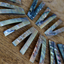 Load image into Gallery viewer, Abalone, Dog Tags, Plates, Name Tags, Axe Heads, Machetes, Love Hearts, Yokes, Drops, Tears, Tiles, Ovals, Shields, Donuts, Shards, Claws, Shields, Vee Sticks, Clothes Pegs, Matchsticks, Buttons, Teardrops, Raindrops, Mother of Pearl Shell, MOP, White, Gold, Pink, Brown, Black, Green, Rain, Abalone, Green Abalone, Trochus, Cowrie Shell, Green Lip Mussel, Pink Lip Mussel, Paua Shell, Necklace, Earrings, Jewellery, West Australia, Black Abalone, Beader, Artisans, Jewellery-Making, Key Rings, Beads,