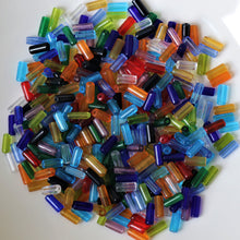 Load image into Gallery viewer, Mix, Jewellery Making Supplies, Jewellery, Indian, Varanasi, Cylinder, Beads, Glass, Multicoloured, Collection, Art Projects, 10mm, Suncatchers, Bead Curtains, Necklaces, Bracelets, Earrings, Anklets, Navy, Red, Purple, Orange, Topaz, Emerald, Clear, Black, Green, Amethyst, Lilac, Lime, Aqua, Sapphire, Yellow, Fire Polished, Tiffany-Style, Transparent, Tube, Transparent,