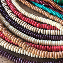 Load image into Gallery viewer, India, Beads, Statement Jewellery, Collection, Bone, Cow Bone, Dyed, Black, White, Emerald, Beige, Natural, Brown, Blue, Dark Red, Recycled, Ethnic, Tribal, Boho, Asia, Thailand, Borneo, Indonesia, China, Costume Jewellery, Craft, Art, Teaching, Counting, Projects, Saucer Discs, Washers, Flat Discs, Spacer Beads, Indian, Rondells, Button Beads,