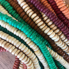 Load image into Gallery viewer, : India, Beads, Statement Jewellery, Collection, Bone, Cow Bone, Dyed, Emerald, Beige, Chestnut, White, Burnt Red, Fawn, Natural, Brown, Dark Red, Brown, Recycled, Ethnic, Tribal, Boho, Asia, Thailand, Borneo, Indonesia, China, Costume Jewellery, Craft, Art, Teaching, Counting, Projects, Saucer Discs, Washers, Flat Discs, Spacer Beads, Indian, Rondells, Button Beads,