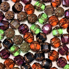 Load image into Gallery viewer, Cathedral, Preciosa, Antique, Bronze, Ends, Multi-Coloured, Czechoslovakia, Czech Republic, Czech, Faceted, Crystal, Crystal Beads, Fire-Polished, Glass, Glass Beads, Jewellery, Designs, Necklace, Bracelet, Earrings, Anklet, Boho, Vintage, Purple, Lilac, Pink, Orange, Black, Pale Green, 8mm,