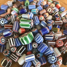 Load image into Gallery viewer, Italian-Style, Chevron, Venice, Murano, India, Beads, Glass, Vintage, Indian, Jewellery, Earrings, Necklaces, Bracelets, Multicoloured, Collectible, Purdalpur, Tubes, Ovals, Stubbies, Disks,