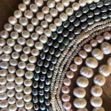 Load image into Gallery viewer, Beads, Pearls, Freshwater, Strands, Cultured, White, Cream, Peacock Grey, Orange-Pink, Coloured, Mussel,  Saltwater, Japan, USA, Taiwan, China, Necklaces, Bracelets, Earrings,  Jewellery,